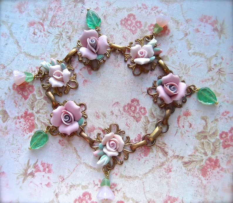 Brass Filigree Bracelet Vintage Ceramic Roses,Czech Bell Caps,Czech Glass,Romantic Flowers,Rose Bracelet Vintage Brass Filigree and Roses