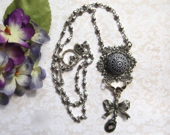 Black & White Pendant, Filigree Necklace, Czech Button Cab, 1928 Bow, Vintage Chain, Vintage Flower Cab,Mocki Designs, Gift Wrapped