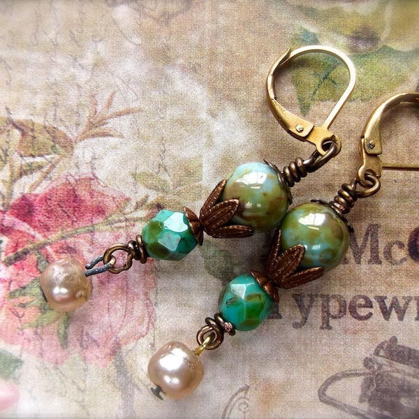 Czech Bead Dangle, Green Picasso Beads, Green Dangle, Chocolate Brass, Green Glass Beads, Vintage Faux Pearl, MockiDesigns, Gift Wrapped