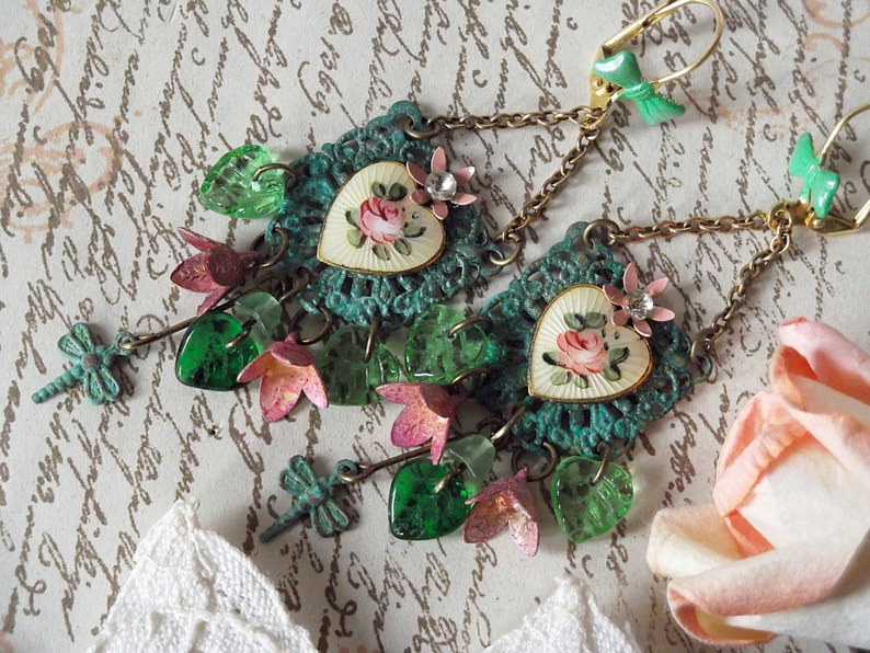 Verdigris Guilloche Heart Czech Glass Leaves Vintage Buds /& Dragonfly Chandelier Dangle Earrings