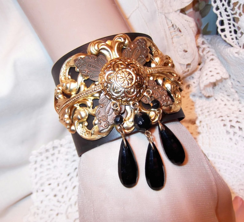 Vintage Earring Focal Multilayer Cuff Black Patina Cuff,Cuff With Arrow MockiDesigns,Gift Wrap Included Black and Gold Layered Brass