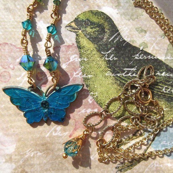 Butterfly Necklace,Hand Patina Blue Butterfly, Swarovski Crystal Bicones, Golden Brass Butterfly, Petite Butterfly,MockiDesigns,Gift Wrapped