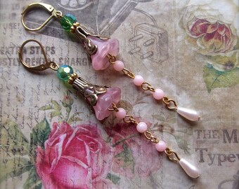 Pink Czech Flower, Pink Opal Flower, Czech Crystal Flower, Flower Rosary Chain, Pink Vintage Drops, Faux Pearl Drops, Floral Drop Brass