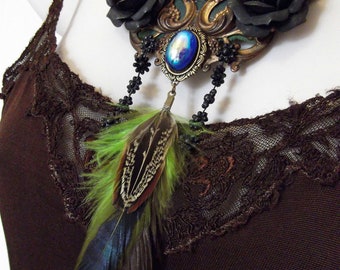 Woodland Bib,Autumn Feathers,Lava Beads,Vintage Cabochon,Iridescent Cabochon,Faceted Beads,Vintage Drawer Plate,MockiDesigns,Gift Wrapped