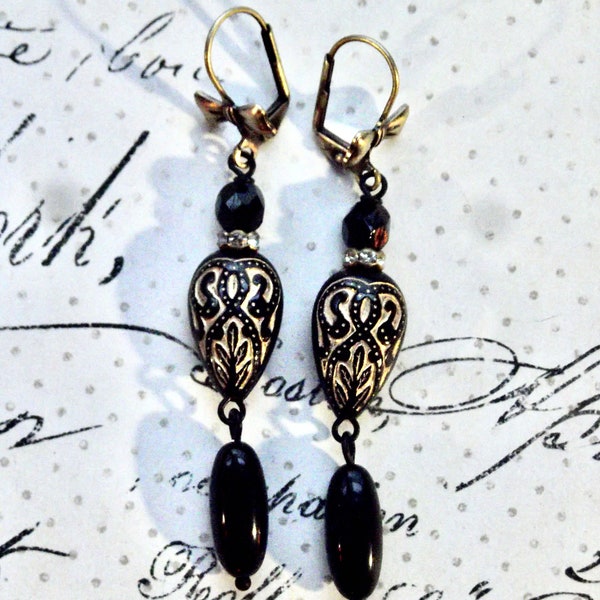 Long Dangles, Elegant Dangles, Black and Golden, Black with Swirl, Bow Lever back, MockiDesigns, Gift Wrapped