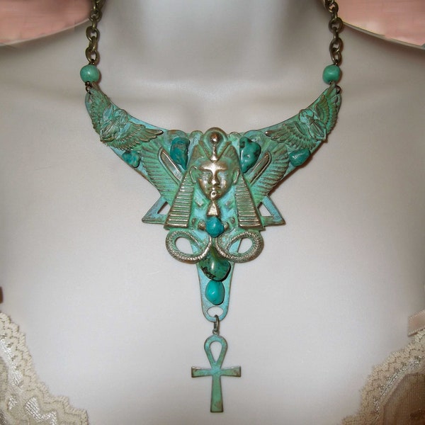 Egyptian, Verdigris, Pharaoh, Scarab, Ankh, Turquoise Assemblage Neckpiece