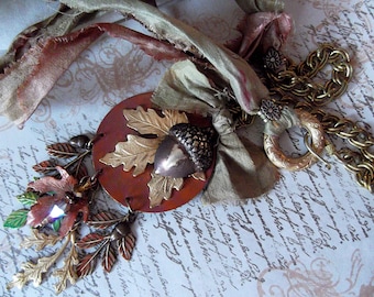 Fall Color Pendant, Acorn and Leaves, Sari Silk Necklace, Autumn Necklace, Leaf Necklace, MockiDesigns, Gift Wrapped