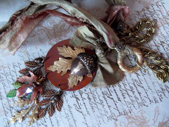 Fall Color Pendant, Acorn and Leaves, Sari Silk Necklace, Autumn Necklace, Leaf Necklace, MockiDesigns, Gift Wrapped
