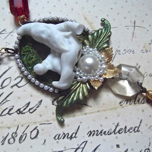 Porcelain Gnome on Moss, Black Book Chain, Red Cathedral Crystals, Chandelier Crystal & Faux Pearls, MockiDesigns, Gift Wrapped