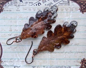 Brass Oak Leaf, Hand Painted, Fall Dangle, Snow Leaf, OOAK, Autumn Earrings, Winter Earrings, Thanksgiving, MockiDesigns, Gift Wrapped