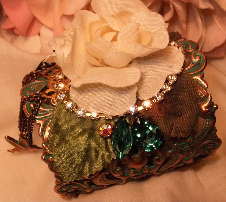 Green Patina Copper Ox Filigree Cuff with Roses Butterfly and Rhinestones Leaves