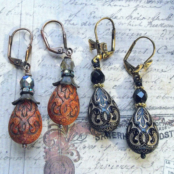 Brown or Black Dangles, Textured Dangles, Black and Gold, Rust and Brown, Tear Drop Shaped, Mockidesigns, Gift Wrapped