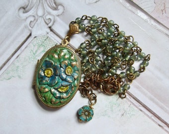 Verdigris Locket, Blue & Green Locket, Vintage Flower Locket,Flower Embossed,Brass Locket,Glass Rosary Chain, OOAK,MockiDesigns,Gift Wrapped