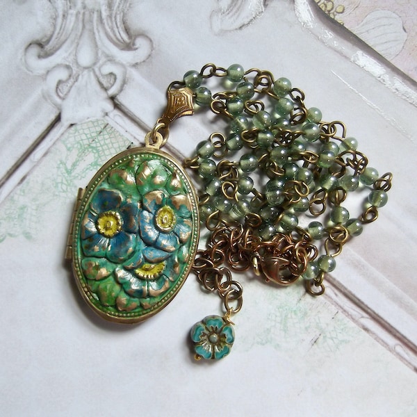 Verdigris Locket, Blue & Green Locket, Vintage Flower Locket,Flower Embossed,Brass Locket,Glass Rosary Chain, OOAK,MockiDesigns,Gift Wrapped