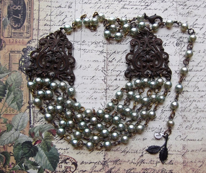 Vintage Faux Pearls, Chippy Shabby, Faux Pearl, Multi Chain, Rosary Pearl,Rusty Black Filigree, Victorian Filigree,MockiDesigns,Gift Wrapped image 1