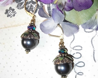 SALE, Large Acorn Earring, Czech Crystal, Leaves & Acorn, Swarovski Black Pearl, MockiDesigns, Gift Wrapped