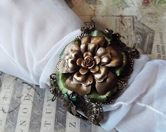 Wide Filigree, Oxidized Brass, Floral Bracelet, Chocolate Ox, Vintage Flowers, Rhinestones, Boho, MockiDesigns, Gift Wrapped