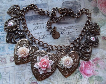 Heart Charm Necklace, Chocolate Oxidized Brass, Resin Roses, Guilloche Roses, Large Statement Necklace, OOAK, MockiDesigns, Gift Wrapped