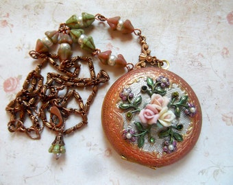 Large Locket, Floral Locket, Hand Painted Locket, Victorian Locket, Ceramic Rose Locket, Fancy Locket, MockiDesigns, Gift Wrapped, OOAK