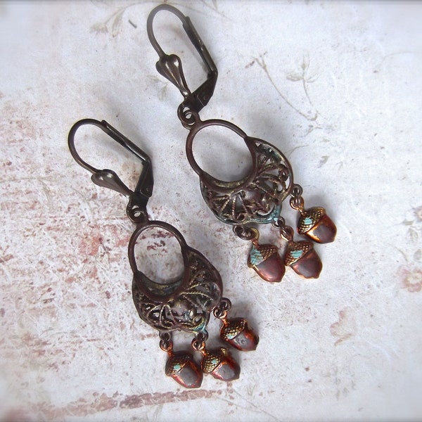 Acorn Earrings, Small Acorn Earrings, Petite Earrings, Brown Brass, Vintage Brass Filigree, Filigree Hoops,MockiDesigns, Gift Wrapped