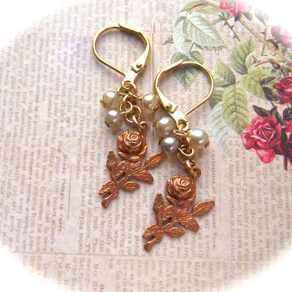 Tiny Rose Drops,Rose & Pearl Cluster,Vintage Brass,Vintage Faux Pearl,Chippy Shabby Pearl,Gingerbread Brass,Light,MockiDesigns,Gift Wrapped