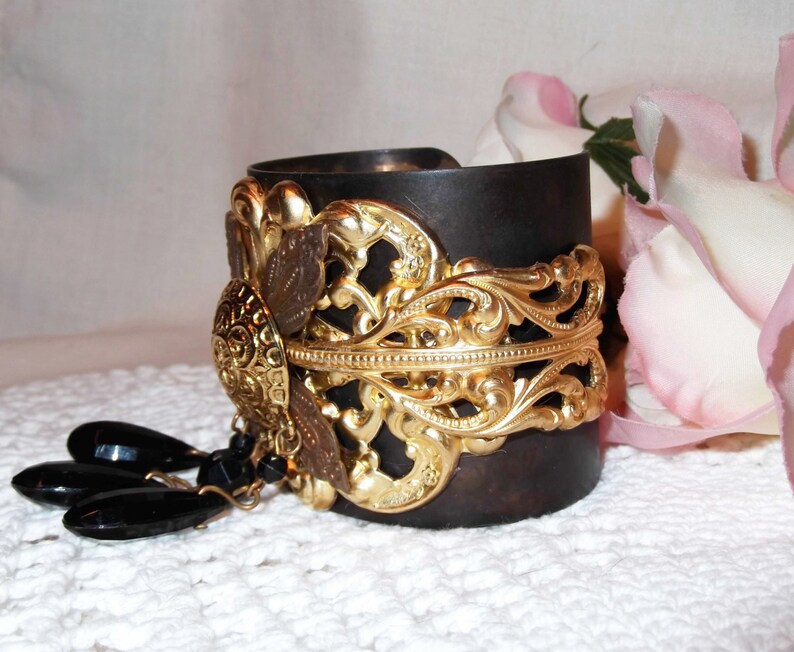Vintage Earring Focal Multilayer Cuff Black Patina Cuff,Cuff With Arrow MockiDesigns,Gift Wrap Included Black and Gold Layered Brass