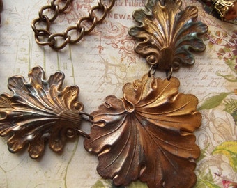 Torch Painted Brass, Brass Shells & Leaf, Vintage Curb Link Chain, Swarovski Faux Pearl, MockiDesigns, Gift Wrapped