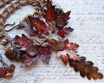 Fall Leaves Stag Bib,Brass Stag,Fall Forest,Leaf & Acorn,Maple Oak leaf,Hand Painted,Statement Necklace,Autumn Bib,MockiDesigns,Gift Wrapped