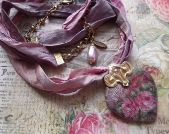 Crackled Shabby Roses, Shabby Heart, Recycled Sari Silk, Chippy Shabby, Vintage Pearl, Mauve Teardrop, Faux Pearl,MockiDesigns, Gift Wrapped