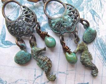 Tiny  Seahorses, Verdigris Seahorse, Verdigris Hoops ,Petite Hoops, Ocean,Shell Earring,Czech Glass Drop,Turquoise,MockiDesigns,Gift Wrapped
