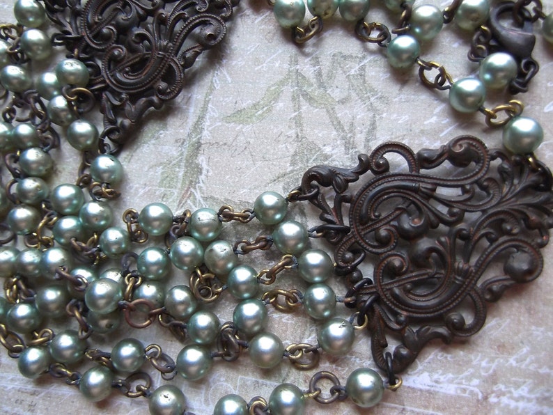 Vintage Faux Pearls, Chippy Shabby, Faux Pearl, Multi Chain, Rosary Pearl,Rusty Black Filigree, Victorian Filigree,MockiDesigns,Gift Wrapped image 5