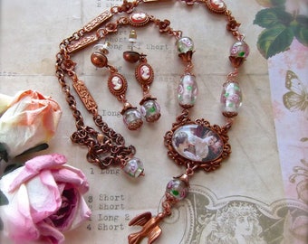 Two Sisters Pendant, Glass Rose Beads, BSue by 1928, Gingerbread Patina, Gingerbread Cameo Set,Cameo Pendant Set,Handmade Beads,MockiDesigns