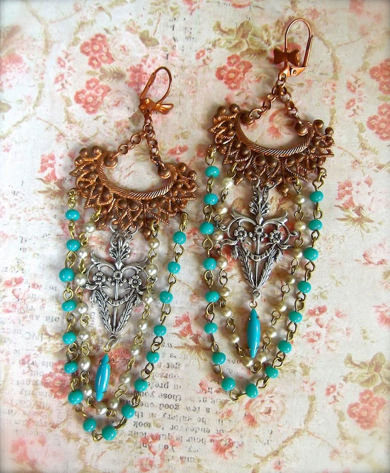 Shoulder Duster Chandeliers,vintage Brass,aqua & Brass,long  display picture 1