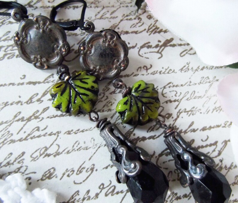 Rusty Black Dangles,Czech Glass Leaf,Black Rose and Crystal,Long Dangles,Victorian Dangles,Black & Green Dangles,MockiDesigns,Gift Wrapped image 2