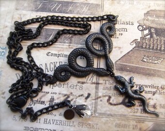 Snake Lizard Necklace, Black Snakes, Black Lizard, Black Brass Necklace, Kissing Snakes, Black Reptiles, Halloween,MockiDesigns,Gift Wrapped