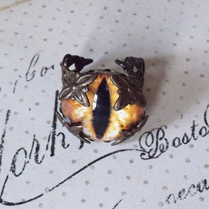 May include: A ring with a large, detailed, faux eye with a black pupil and a yellow iris. The ring is made of metal with a floral design.