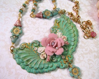 Verdigris and Flowers, Flower Bib Set, Roses and Verdigris, Assemblage Bib, Victorian Plaque, Czech Flowers,MockiDesigns, Gift Wrapped