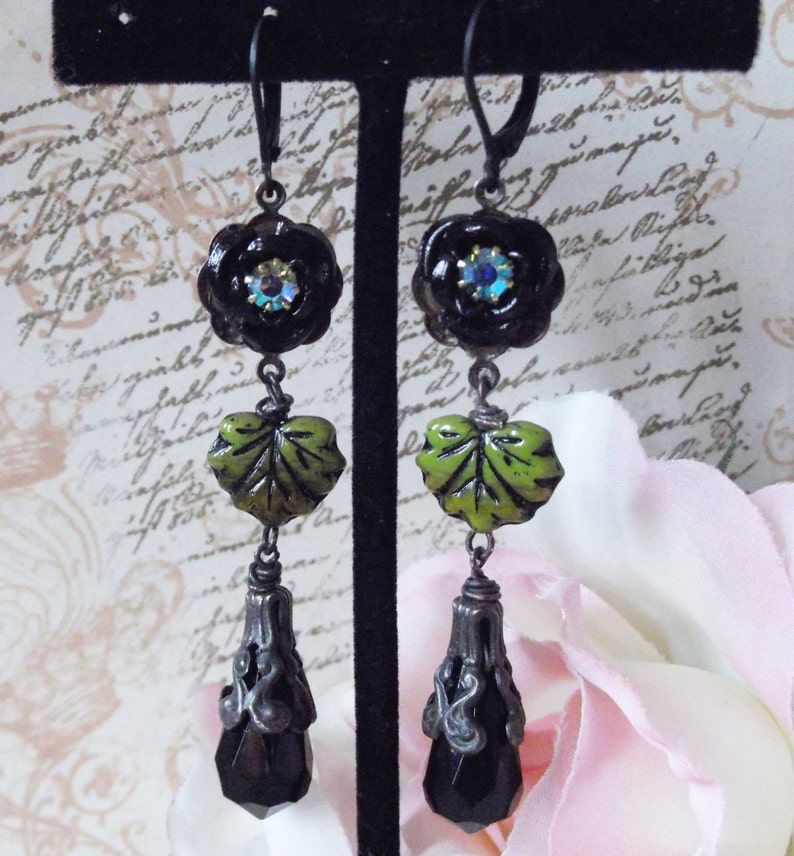 Rusty Black Dangles,Czech Glass Leaf,Black Rose and Crystal,Long Dangles,Victorian Dangles,Black & Green Dangles,MockiDesigns,Gift Wrapped image 3