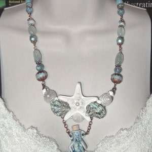 Under The Sea, Mermaid Bottle, Starfish, Shell and Semi Precious Stones, Beaded Bib Necklace, MockiDesigns, Gift Wrapped image 3