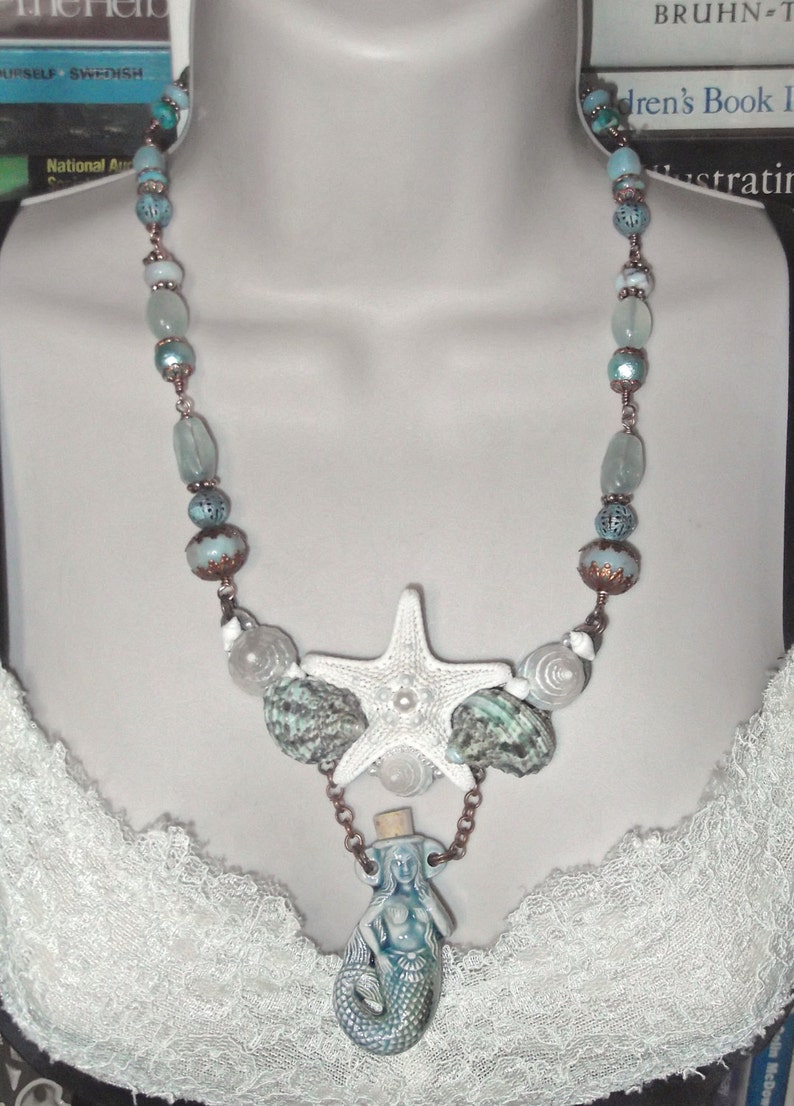 Under The Sea, Mermaid Bottle, Starfish, Shell and Semi Precious Stones, Beaded Bib Necklace, MockiDesigns, Gift Wrapped image 3