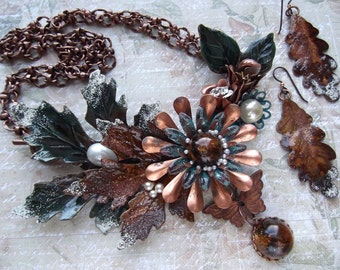 Statement Necklace, Assemblage Necklace, Leaves and Flowers,Fall Bib,Antiqued Copper,Faux Pearl, Faux Cabs, MockiDesigns, Gift Wrapped