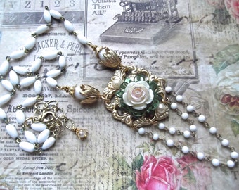 Victorian Heart, Embossed Brass, Rose and Greens, Romantic Pendant, Vintage Rosary Chain, Rose Heart Pendant ,MockiDesigns,Gift Wrapped