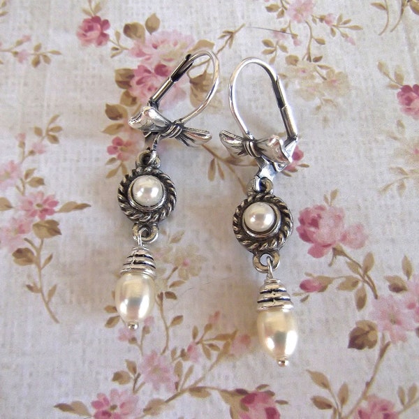 Silver and Pearl, BSue by 1928, Pearl Dangles,Fine Silver Bow, Bow Lever Backs, Pearl Dangles, Wedding, Victorian,MockiDesigns,Gift Wrapped