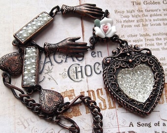 Rusty Iron and Pearl, Black and White, BSue by 1928, Black and Heart, Heart Necklace,Heart Pendant,Victorian Hands,MockiDesigns,Gift Wrapped