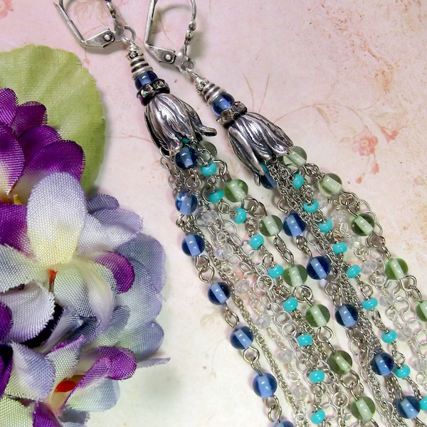 Shoulder Duster, Blue Long Earring, Multichain Tassel, Rosary Tassel, Tassel Earring, Rosary Chain, MockiDesigns, Gift Wrapped