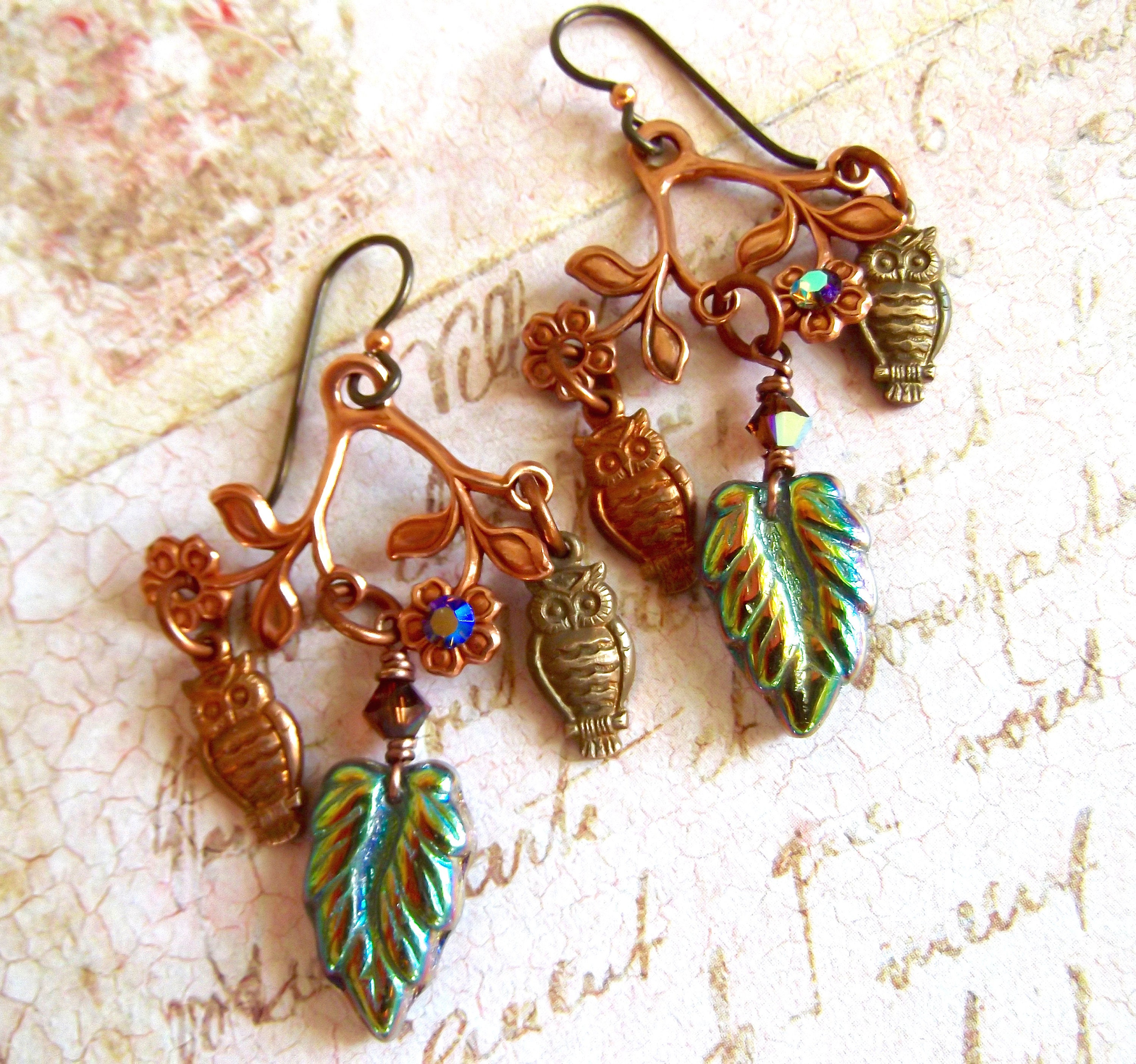 Vintage Owls,Gingerbread Brass,Rose Ox Copper,Woodland,Fall Earrings,Whimsical Owls,Owls on Branch,A