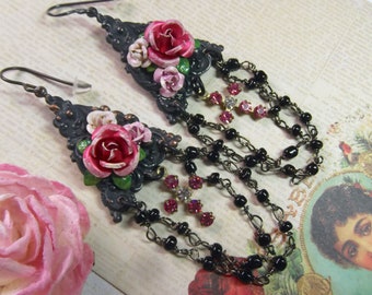 Black & Rose Chandelier, Black Chandelier, Triple pink rose, Black Rosary Chain, Crystal Cross, Stamped Brass, MockiDesigns, Gift Wrapped