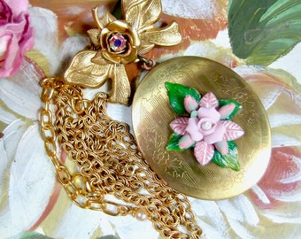Large Locket, Brooch Necklace, Vintage Locket, Flower Assemblage Locket, Floral Locket, MockiDesigns, Gift Wrapped