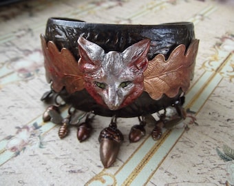 Chocolate Kiss, Brown Brass Cuff, Fox Cuff, Acorn Dangles, Oak Leaves, Autumn Cuff, Acorn Cuff, MockiDesigns, Gift Wrapped
