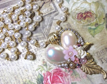 Rosary Chain, Pearl Cabochon, Floral Assemblage, Heart Necklace, Pearl Heart, Heart Assemblage, Faux Pearl Heart, Romantic Heart